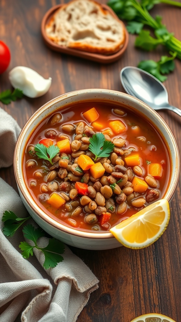 Hearty Mediterranean Lentil Soup Recipe A bowl of Mediterranean lentil soup with vegetables and lentils, garnished with parsley and lemon, on a rustic table with bread.